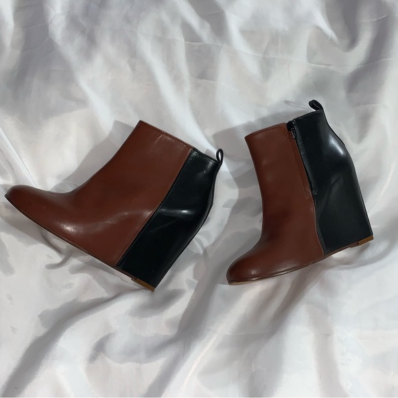 CELINE size 37.5 black/brown color block 2tone CALFSKIN platform wedge BOOTIES - Picture 10 of 16